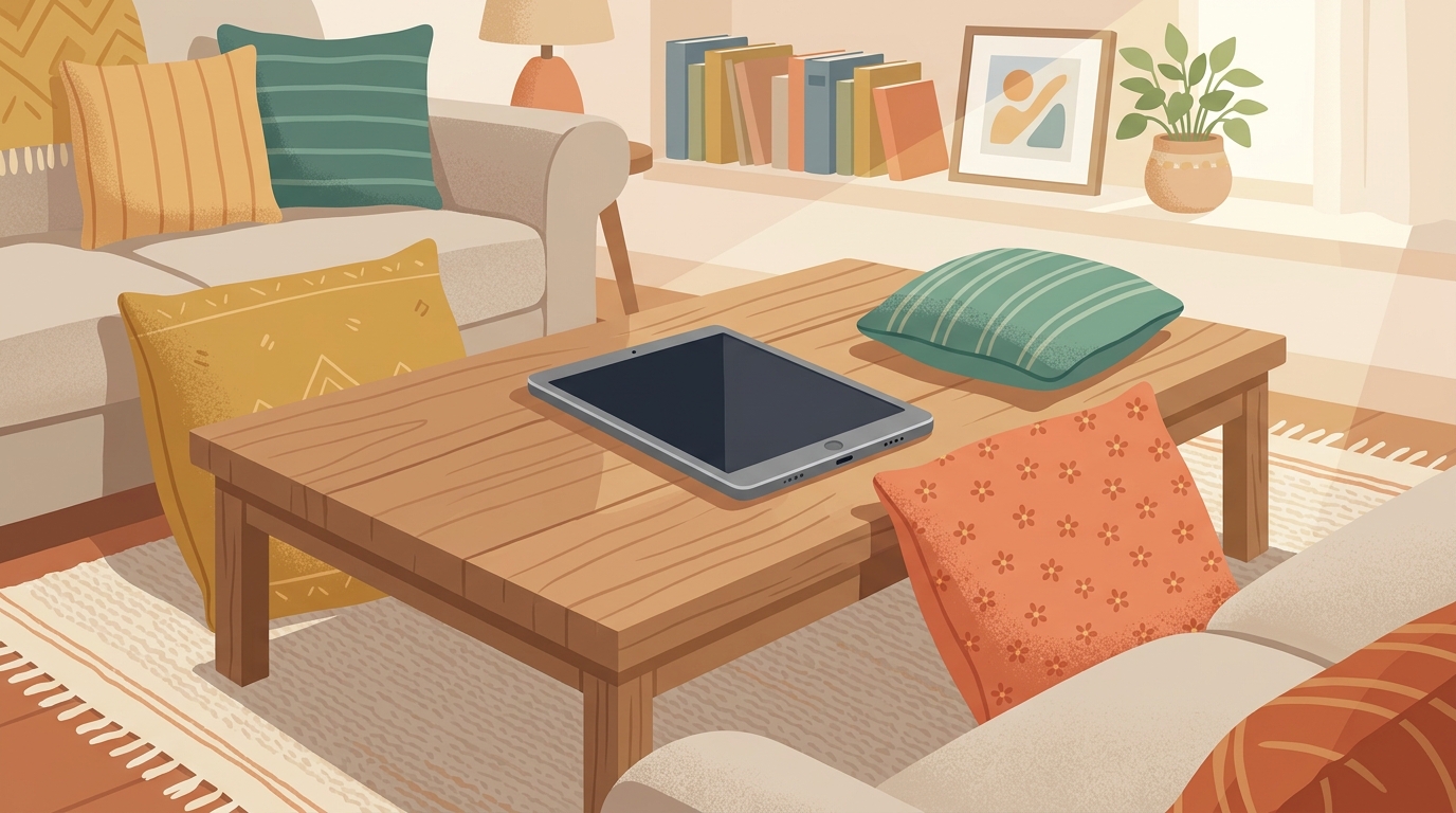 One tablet on a living room table surrounded by three cushions of different sizes