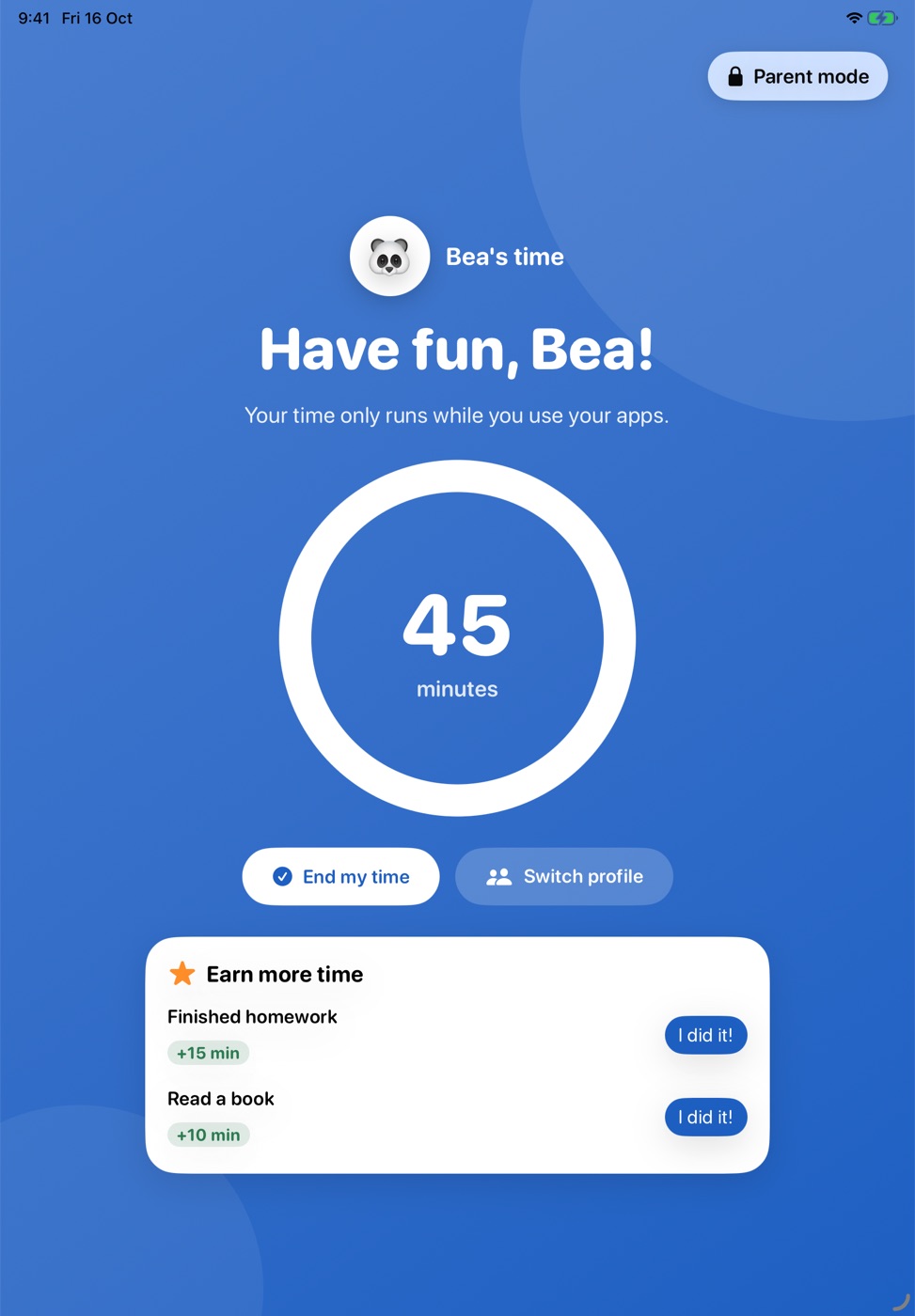 A child’s session screen with a ring showing 45 minutes