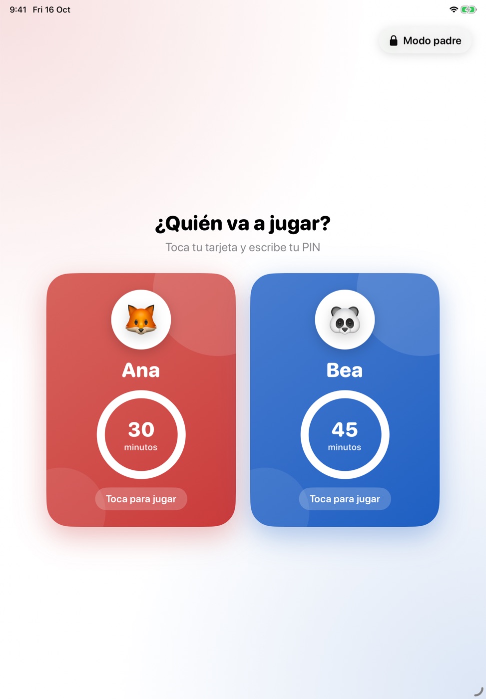 Selector de perfiles con dos niños y sus minutos restantes