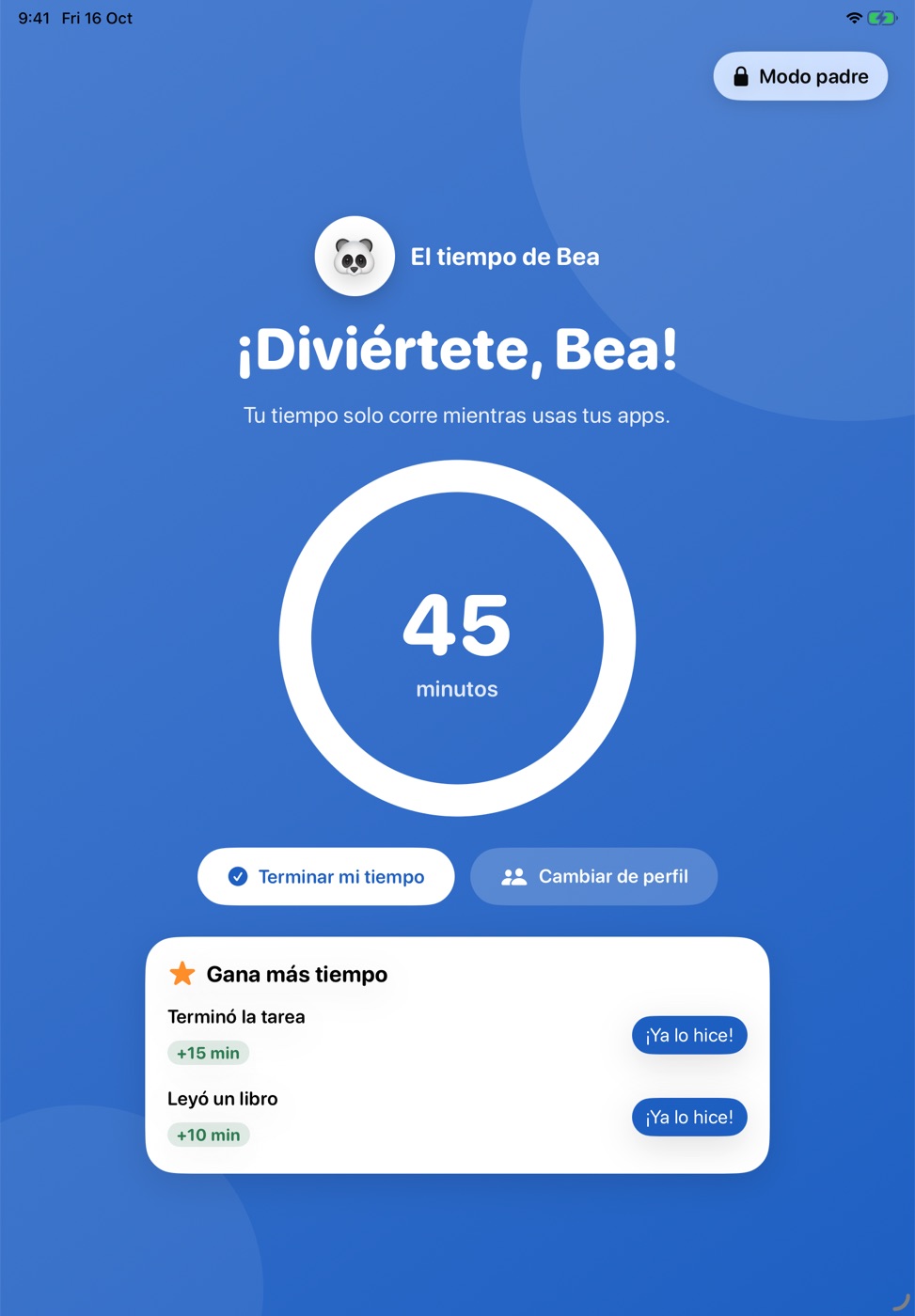 Pantalla de la sesión de un niño con un anillo de 45 minutos
